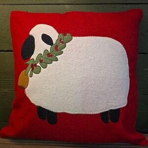 Primitive Farmhouse Christmas Sheep Pillow Red Wool Felt 14" Holiday Decor New